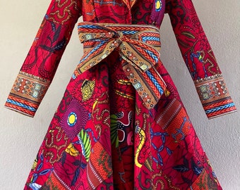 African Print Patchwork Red Coat  Dress With Pockets Fully Lined 100% Cotton