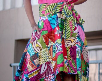 African Print High Low Maxi A Line Cut Skirt Fully Lined 100% Cotton