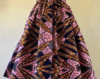 Beautiful African Wax Print High Waisted Skirt Fit and Flare With Pockets 100% Cotton Soft Pink Brown Black Decorative Print