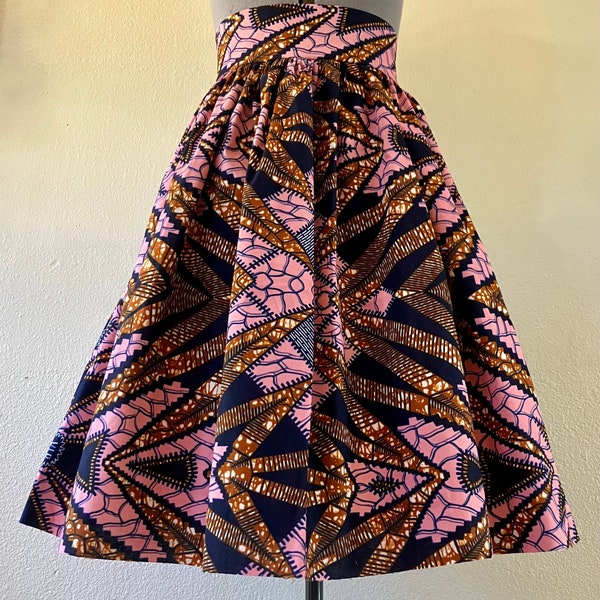 Beautiful African Wax Print High Waisted Skirt Fit and Flare With Pockets 100% Cotton Soft Pink Brown Black Decorative Print