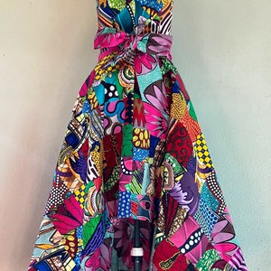 Bohemian Starlet African Print Handmade Patchwork High Low Dress Sweetheart Bodice With Boning, Pockets and Tie Belt 100% Cotton