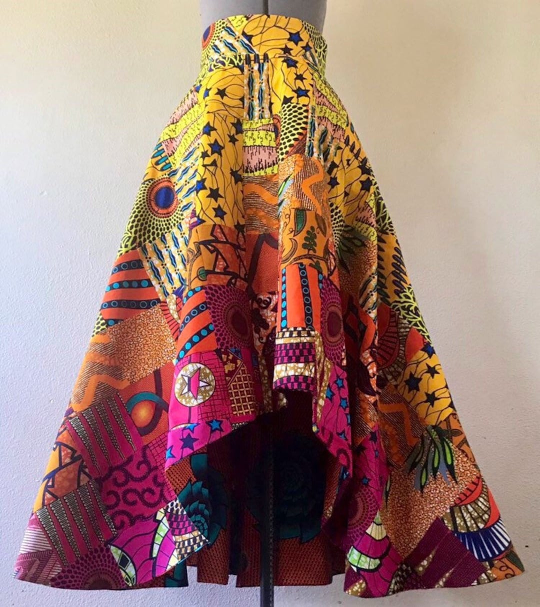 African Print High Waisted Skirt: Handmade Cotton Patchwork Maxi