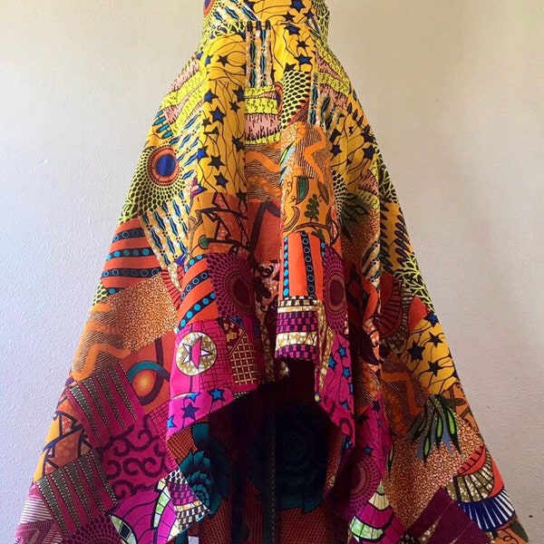 Pink Orange Yellow  Beautiful African Print High Waisted Skirt Circle Cut High Low Maxi Handmade Patchwork Gradient 100% Cotton