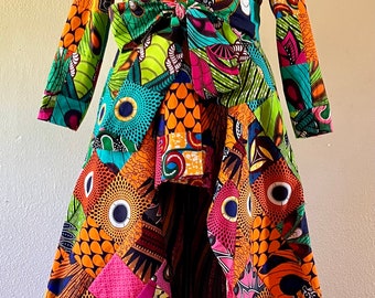 Tropica African Print Patchwork Floor Length High Low Coat Dress 100% Cotton With Pockets and Belt Lined