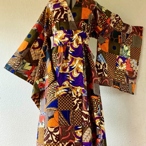 Supaisukēki African Print Handmade Patchwork Kimono Sleeve Duster With Pockets and Tie Belt 100% Cotton Genuine Patchwork