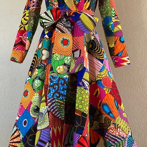 African Print Patchwork Floor Length Coat Dress 100% Cotton With Pockets and Belt Lined