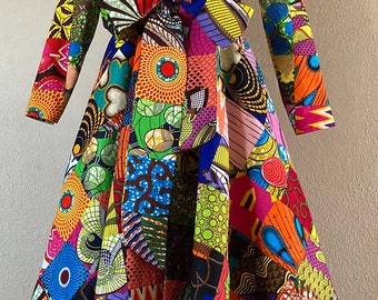 African Print Patchwork Floor Length Coat Dress 100% Cotton With Pockets and Belt Lined