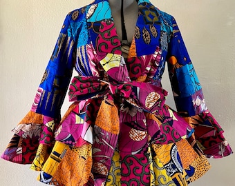 Citrus Candy African Print Patchwork Double Peplum Jacket With Flounce Sleeves, Pockets, and Tie Belt Fully Lined 100% Cotton