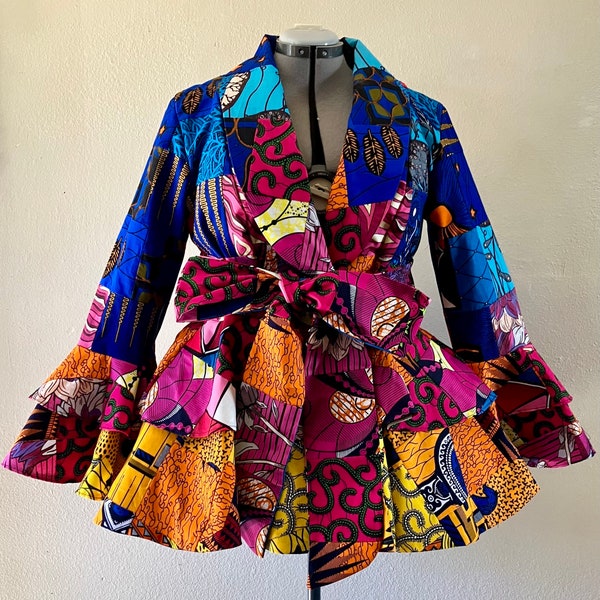 Citrus Candy African Print Patchwork Double Peplum Jacket With Flounce Sleeves, Pockets, and Tie Belt Fully Lined 100% Cotton