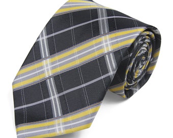 Black Yellow Gray GROOMSMEN MEN'S NECKTIE /Madras Check Tie/Tartan Plaid Check Tie/Wedding Tie/Wedding Idea/Groom/Bestmen