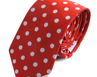 Red White Dots GROOMSMEN MEN'S NECKTIE /Polka Dots Tie/Costume Tie/Wedding Tie/Wedding Idea/Groom/Bestmen