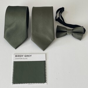 May include: Olive green necktie, bow tie, and a color swatch. The neckties are different styles. The bow tie has a black adjustable strap. The color swatch reads "Birdy Grey Chiffon Olive".