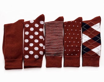 Terracotta Brown Dress Socks: Argyle, Striped, or Dotted Groomsmen Socks
