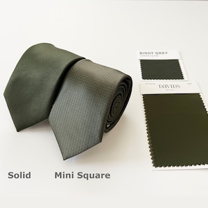 May include: Two olive green neckties, one solid and one with a mini square pattern, are displayed. Color swatches from "Birdy Grey" and "David's Bridal" are included, with the text "Solid" and "Mini Square" at the bottom.