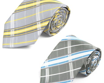 Gray Plaid Necktie Set: Madras Tartan, Polyester Wedding Ties