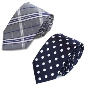 Navy Blue Necktie 2PCs Set (Plaid Check & White/Navy Dots) GROOMSMEN/Wedding Tie/Wedding Idea/Groom/Best men