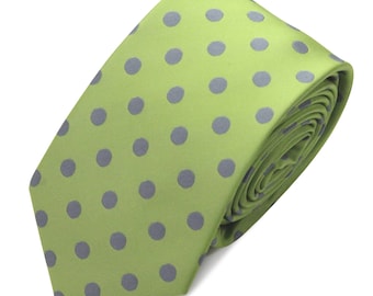 Lime Green Gray Dots GROOMSMEN MEN'S NECKTIE /Polka Dots Tie/Costume Tie/Wedding Tie/Wedding Idea/Groom/Bestmen