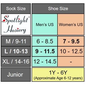 May include: A sizing chart for Spotlight Hosiery featuring a grid with columns for Sock Size and US Shoe Size. The chart lists sizes M, L, XL, and Junior, correlating them with US shoe size ranges for adults and children, including age ranges.