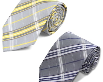 Gray Plaid Necktie Set: Madras Tartan, Hand Sewn Polyester