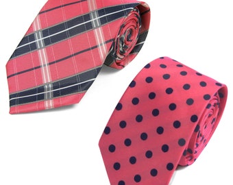 Hot Pink Necktie Set: Plaid Check & Polka Dot Polyester Ties