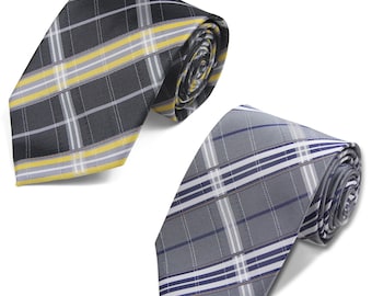 Black Gray Necktie 2PCs Set (Black Gold/Gray Navy Plaid Check) GROOMSMEN/Wedding Tie/Wedding Idea/Groom/Best men