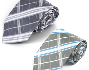 Gray Plaid Necktie Set: Madras Tartan, Polyester Groom Ties (2 Pcs)