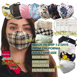 May include: A collection of colorful face masks with various patterns, including floral, geometric, and abstract designs. The masks feature a nose wire, earloop adjusters, and a filter pocket. The text "READY TO SHIP 1-2 DAYS FROM CALIFORNIA ADULT ONE SIZE" is displayed on the image.  "Optional Filters Available" is also displayed on the image.