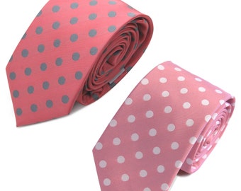 Pink Necktie 2PCs Set (Peach Gray/Pink White Dots) GROOMSMEN/Wedding Tie/Wedding Idea/Groom/Best men