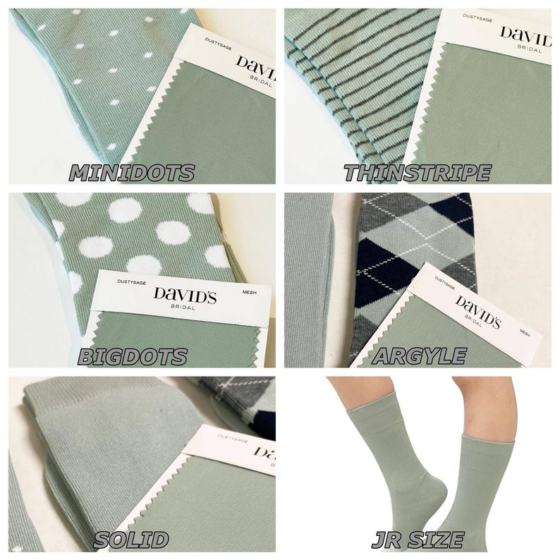 May include: A collection of dusty sage socks featuring various patterns including minidots, thin stripes, big dots, argyle, and solid colours, each paired with a David's Bridal fabric swatch label. One panel shows a pair of solid dusty sage socks.