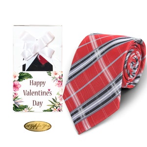 Valentines Day Mens Red Plaid Check Tie + Gift Box Set (Foldable Gift Box, Belly Sleeve, Bow, Sticker)
