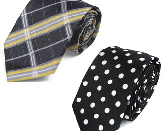 Black Necktie 2PCs Set (Plaid Check & White/Black Dots) GROOMSMEN/Wedding Tie/Wedding Idea/Groom/Best men