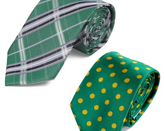 Green Necktie 2PCs Set (Plaid Check & Gold-Yellow/Green Dots) GROOMSMEN/Wedding Tie/Wedding Idea/Groom/Best men