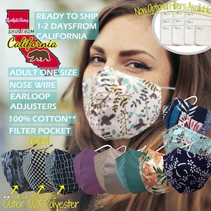 May include: A set of 10 face masks with various floral and geometric patterns. The masks are made of 100% cotton and have a filter pocket. The masks are adult size and have adjustable ear loops and a nose wire. The text "Ready to Ship 1-2 Days from California" is at the top of the image. The text "Ship from California" is at the top left of the image. The text "Adult One Size" is at the bottom left of the image. The text "Nose Wire" is below "Adult One Size". The text "Earloop Adjusters" is below "Nose Wire". The text "100% Cotton**" is below "Earloop Adjusters". The text "Filter Pocket" is below "100% Cotton**". The text "new!" is below "Filter Pocket". The text "These 3 Styles Outer 100% Polyester" is at the bottom of the image. The text "Now Optional Filters Available" is at the top right of the image. The text "PM2.5" is repeated 9 times in a grid pattern at the top right of the image.