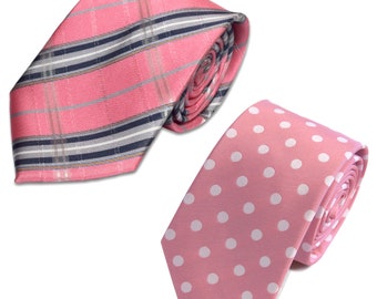 Light Pink Necktie Set: Plaid & Polka Dot Polyester Ties