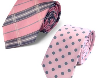 Light Pink Necktie Set: Plaid & Polka Dot Polyester Ties