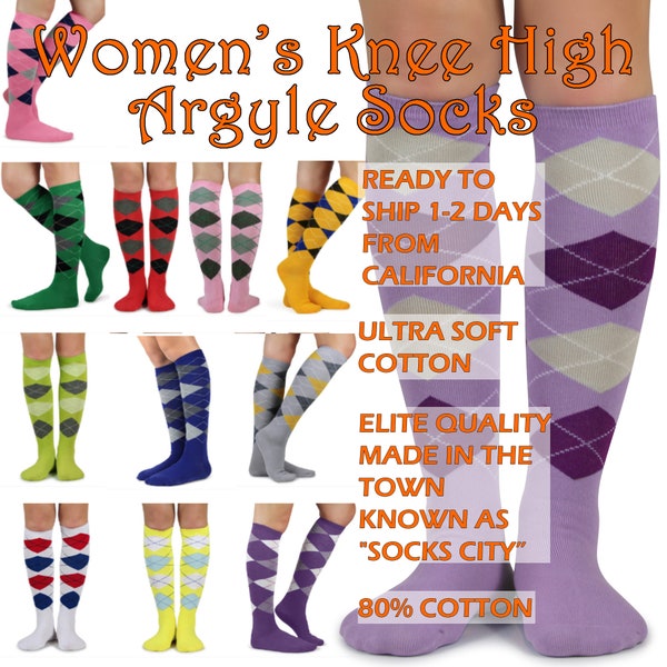 Spotlight Hosiery Elite Quality Argyle Womens Knee Highs Socks-Ship from CA (Red, Blue, Orange etc)