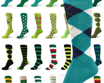 Calcetines de vestir verdes: calcetines de media pantorrilla con rombos y rayas de mezcla de algodón