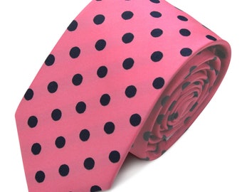 Bright Pink Navy Dots GROOMSMEN MEN'S NECKTIE /Polka Dots Tie/Costume Tie/Wedding Tie/Wedding Idea/Groom/Bestmen