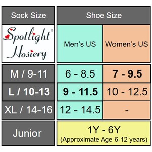 May include: A size chart for Spotlight Hosiery, with sock and shoe sizes. The chart includes men's and women's US shoe sizes, sock sizes M, L, and XL, and junior sizes. The text includes the brand name and the phrase "Approximate Age 6-12 years."