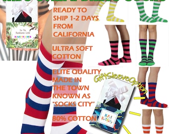 Ring Bearer, Halloween Costume, Birthday Gift Boys Girl Stripe Socks, Gift Box - Ship from CA (Red, Blue, Orange etc)