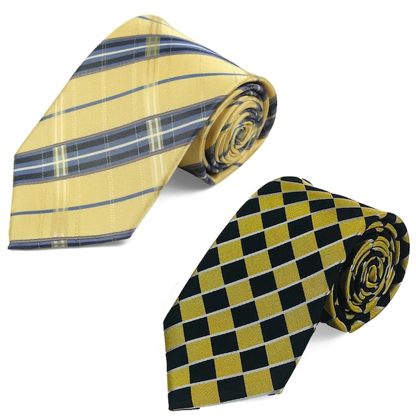 Yellow Necktie 2PCs Set (Plaid Check & Diagonal Black/Gold) GROOMSMEN/Wedding Tie/Wedding Idea/Groom/Best Men
