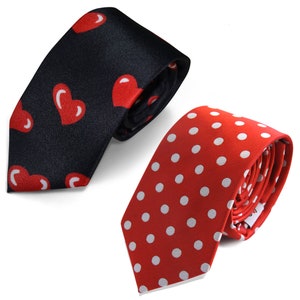 Valentine&#39;s Day Gift Red Necktie 2PCs Set (White Red Dots & Red Hearts/Black) GROOMSMEN/Wedding Tie/Wedding Idea/Groom/Best men