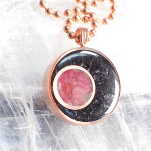 Pink Crystals Copper Crescent Pendant - Rose Quartz - Pink Tourmaline - Rhodochrosite - Heart Chakra