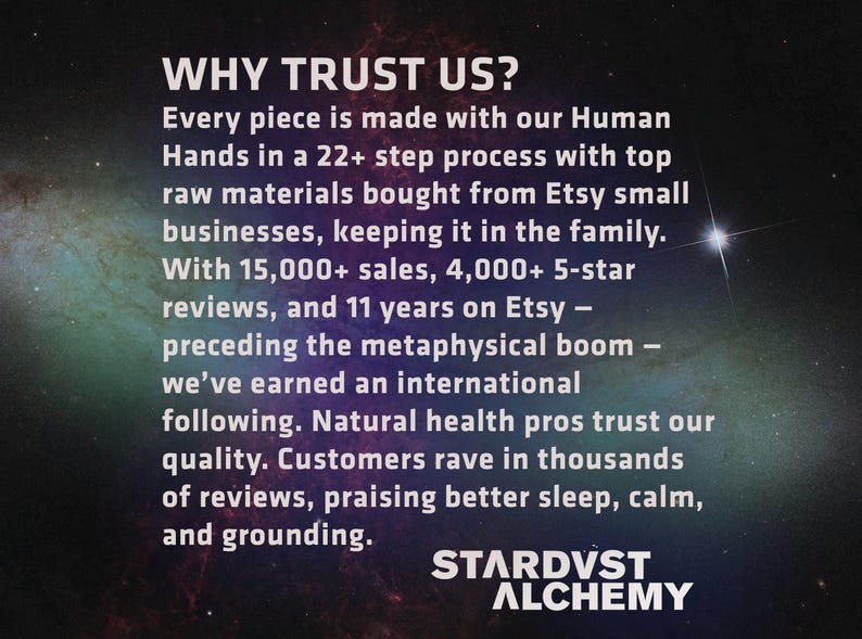 May include: Text on a dark blue background with stars, stating "WHY TRUST US?" and describing the company's history, sales, and customer reviews. The text also mentions "STARDVST ALCHEMY".