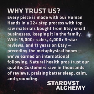 May include: Text on a dark blue background with stars, stating "WHY TRUST US?" and describing the company's history, sales, and customer reviews. The text also mentions "STARDVST ALCHEMY".