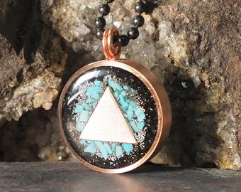 Elite Shungite Copper Pyramid Pendant: Turquoise Herkimer Diamond Orgonite