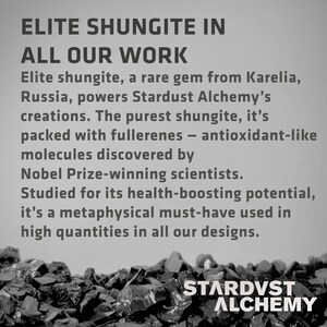 May include: Black and white image of a pile of dark gray rocks with the text "ELITE SHUNGITE IN ALL OUR WORK" and "STARDVST ALCHEMY" at the bottom. The text describes the use of shungite, a rare gem from Karelia, Russia, in the company's products.