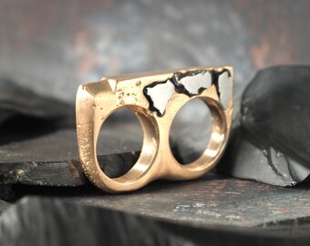 Bronze Meteorite Petite Two Finger Ring - Comet Ember - Unisex Small Size 5.5 - Hand Forged Cosmic Spark