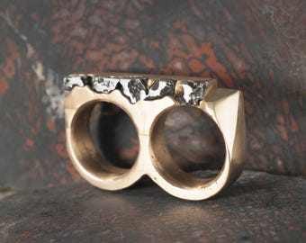 Bronze Meteorite Double Finger Ring - Meteor Blaze - Mens Ring Size 11 and 11.5 - Hand Forged Primitive Jewelry