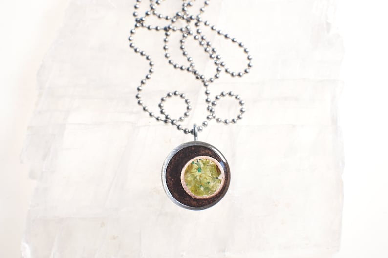 Pewter peridot emf protection Green Heart Chakra Crescent Moon Orgone EMF Pendant opal tourmaline